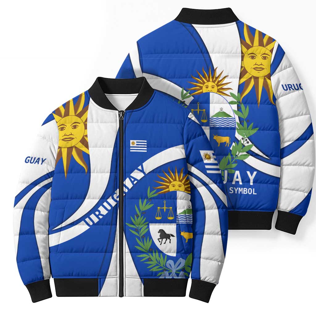 Uruguay Bomber Puffer Jacket with National Emblem and Sun Symbol Blue White Wave - Wonder Print Shop