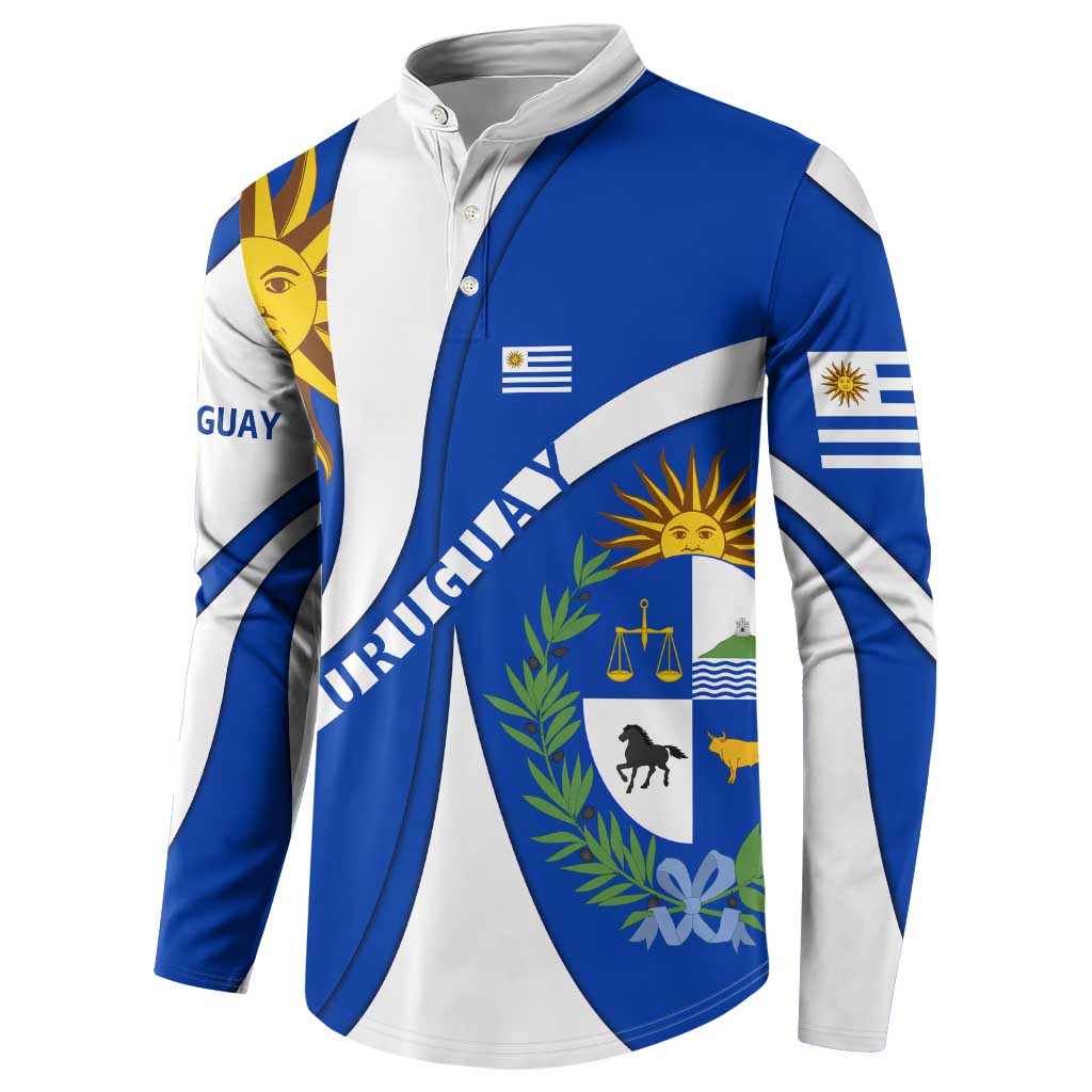 Uruguay Button Sweatshirt with National Emblem and Sun Symbol Blue White Wave - Wonder Print Shop