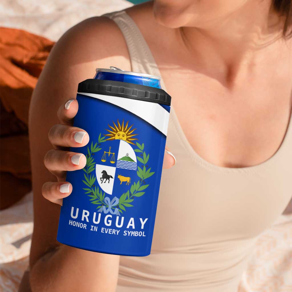 Uruguay 4 in 1 Can Cooler Tumbler with National Emblem and Sun Symbol Blue White Wave - Wonder Print Shop