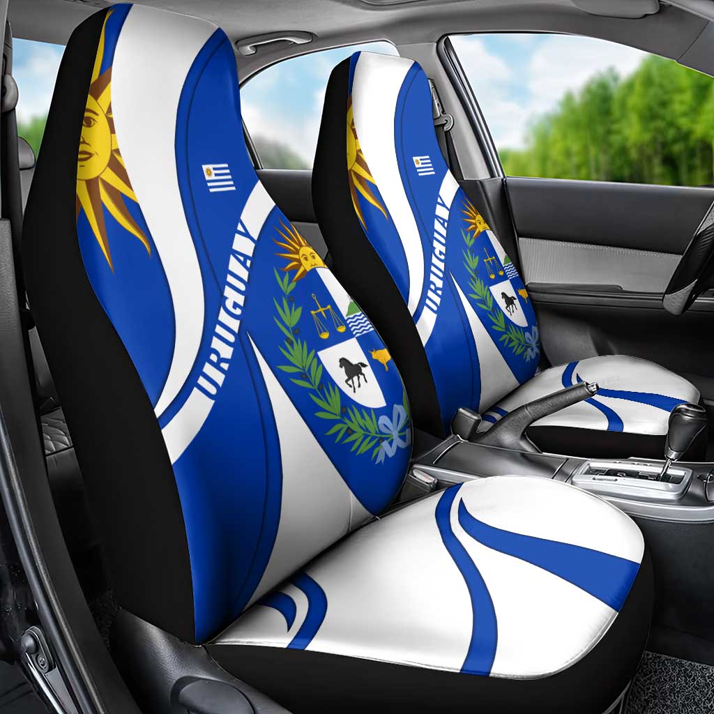 Uruguay Car Seat Cover with National Emblem and Sun Symbol Blue White Wave - Wonder Print Shop