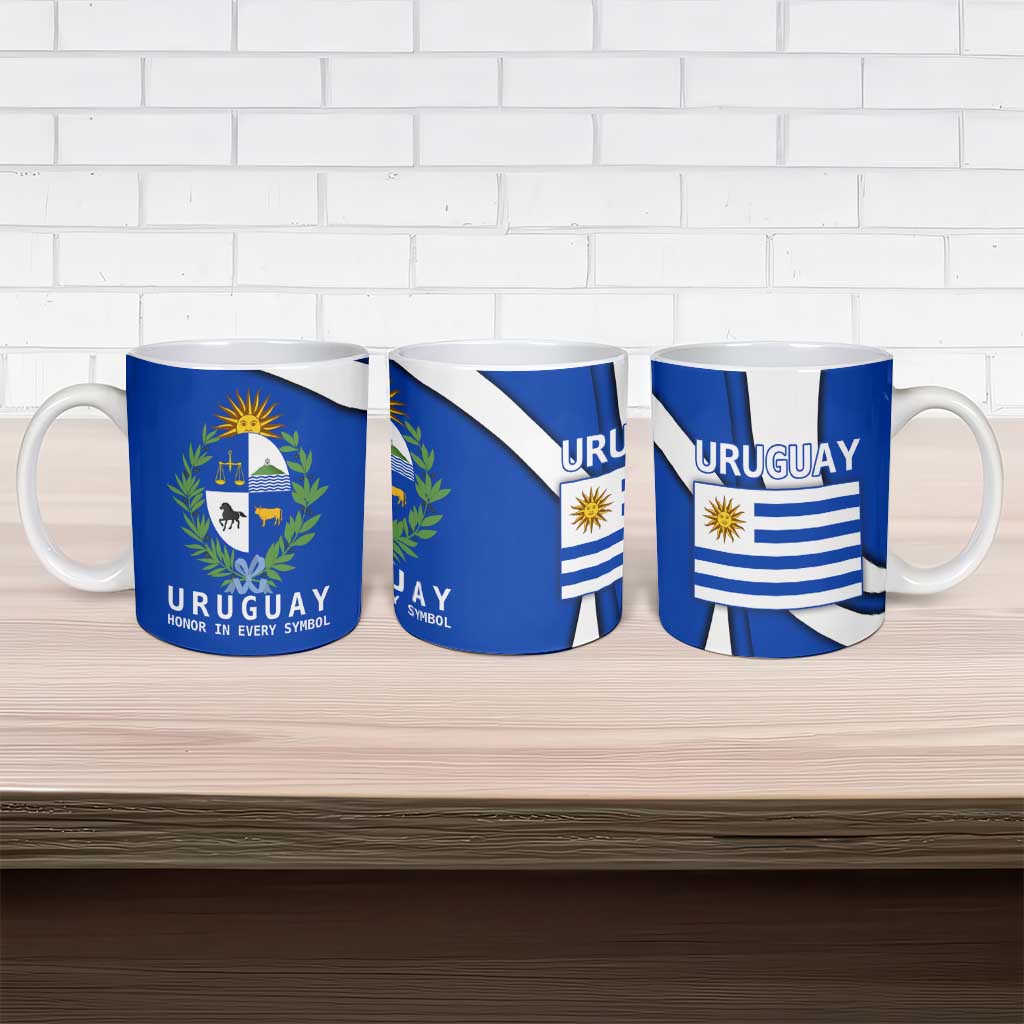 Uruguay Ceramic Mug with National Emblem and Sun Symbol Blue White Wave - Wonder Print Shop