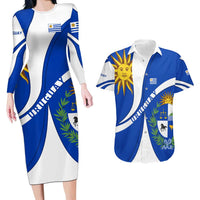 Uruguay Couples Matching Long Sleeve Bodycon Dress and Hawaiian Shirt with National Emblem and Sun Symbol Blue White Wave - Wonder Print Shop