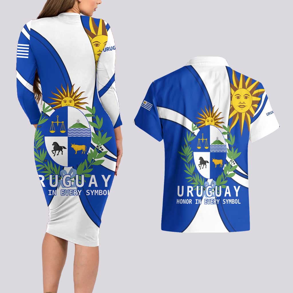 Uruguay Couples Matching Long Sleeve Bodycon Dress and Hawaiian Shirt with National Emblem and Sun Symbol Blue White Wave - Wonder Print Shop