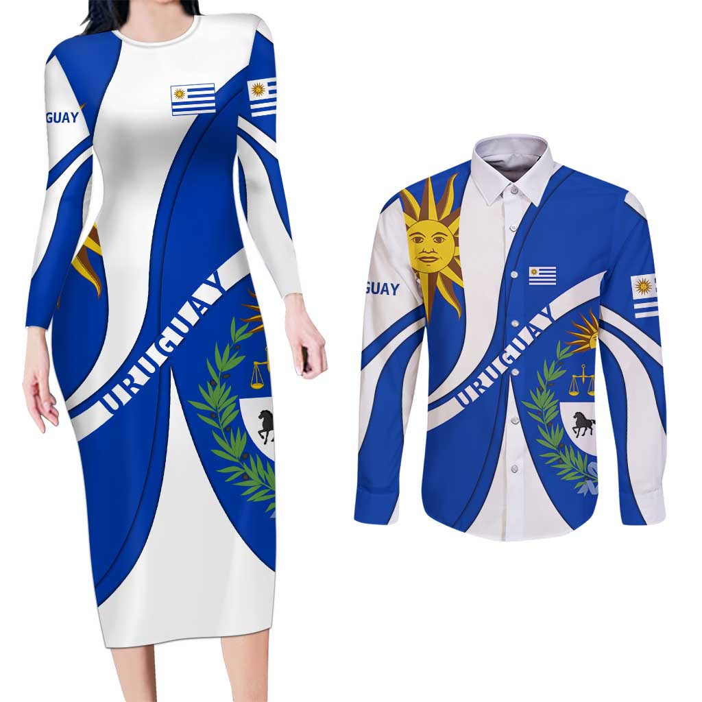 Uruguay Couples Matching Long Sleeve Bodycon Dress and Long Sleeve Button Shirt with National Emblem and Sun Symbol Blue White Wave - Wonder Print Shop