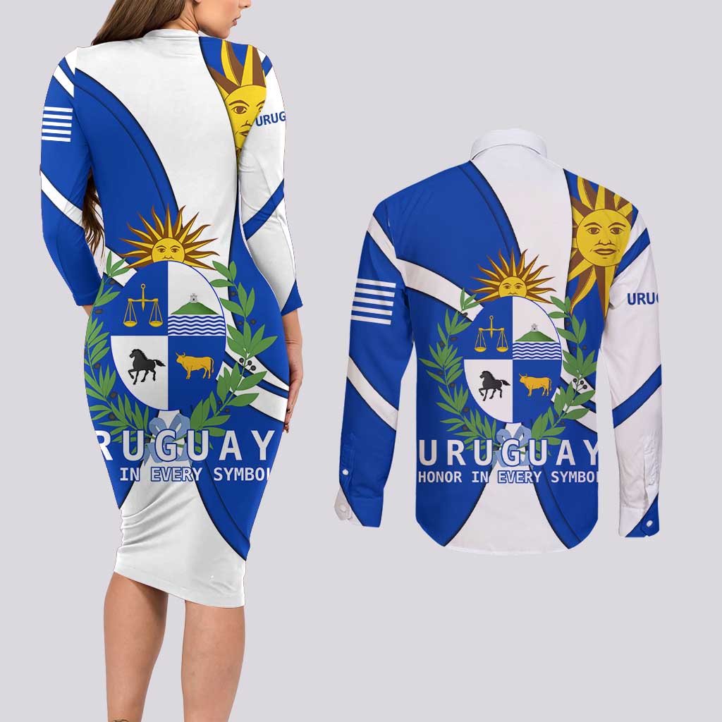 Uruguay Couples Matching Long Sleeve Bodycon Dress and Long Sleeve Button Shirt with National Emblem and Sun Symbol Blue White Wave - Wonder Print Shop