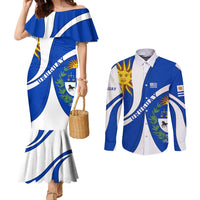 Uruguay Couples Matching Mermaid Dress and Long Sleeve Button Shirt with National Emblem and Sun Symbol Blue White Wave - Wonder Print Shop