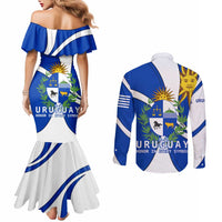 Uruguay Couples Matching Mermaid Dress and Long Sleeve Button Shirt with National Emblem and Sun Symbol Blue White Wave - Wonder Print Shop
