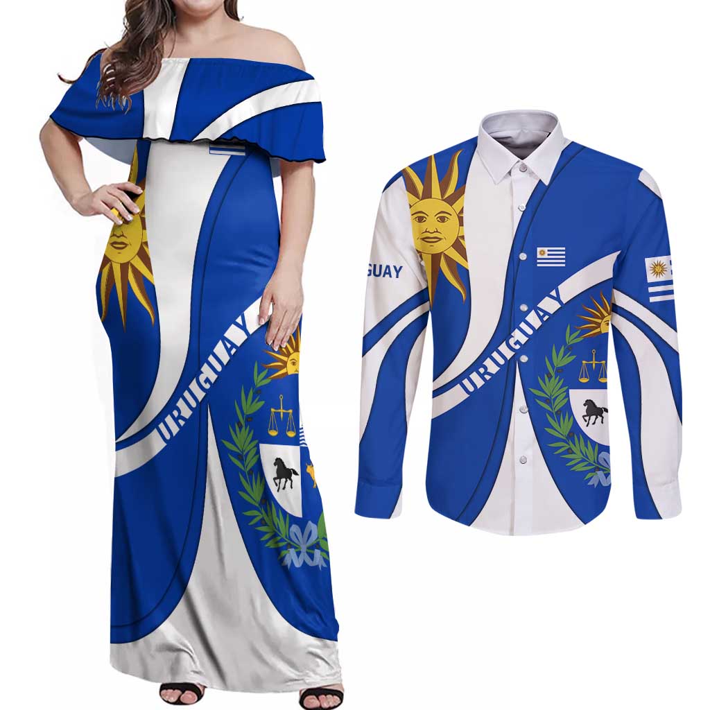 Uruguay Couples Matching Off Shoulder Maxi Dress and Long Sleeve Button Shirt with National Emblem and Sun Symbol Blue White Wave - Wonder Print Shop
