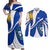 Uruguay Couples Matching Off Shoulder Maxi Dress and Long Sleeve Button Shirt with National Emblem and Sun Symbol Blue White Wave - Wonder Print Shop