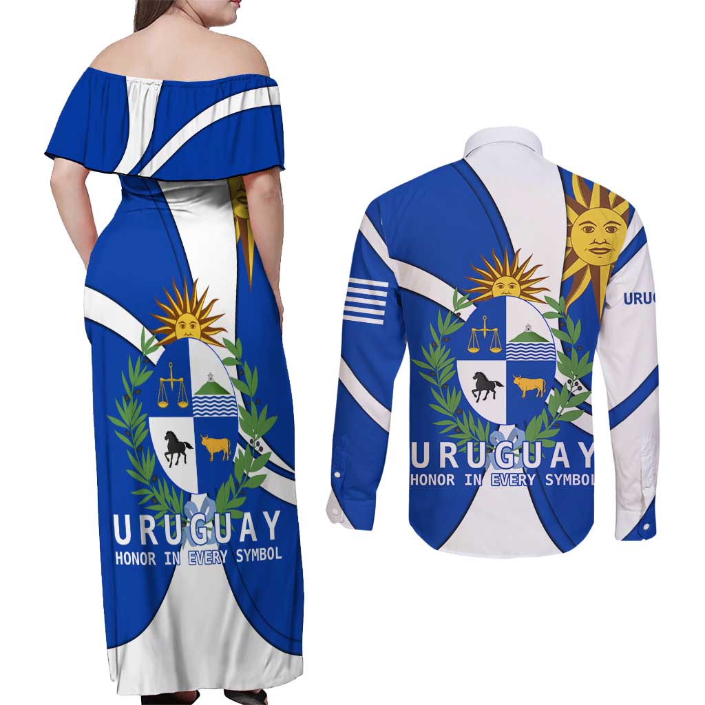 Uruguay Couples Matching Off Shoulder Maxi Dress and Long Sleeve Button Shirt with National Emblem and Sun Symbol Blue White Wave - Wonder Print Shop