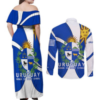 Uruguay Couples Matching Off Shoulder Maxi Dress and Long Sleeve Button Shirt with National Emblem and Sun Symbol Blue White Wave - Wonder Print Shop