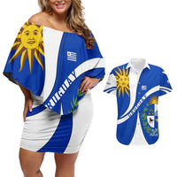 Uruguay Couples Matching Off Shoulder Short Dress and Hawaiian Shirt with National Emblem and Sun Symbol Blue White Wave - Wonder Print Shop