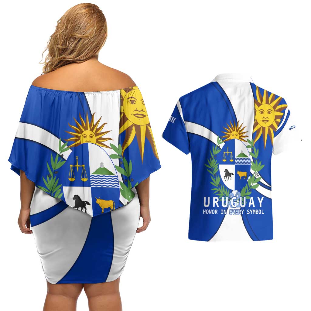 Uruguay Couples Matching Off Shoulder Short Dress and Hawaiian Shirt with National Emblem and Sun Symbol Blue White Wave - Wonder Print Shop