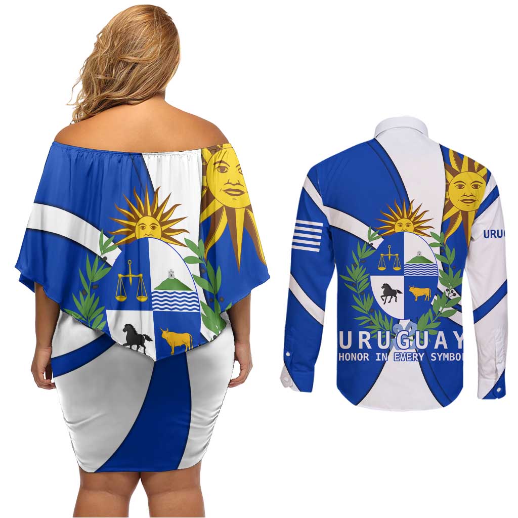 Uruguay Couples Matching Off Shoulder Short Dress and Long Sleeve Button Shirt with National Emblem and Sun Symbol Blue White Wave - Wonder Print Shop