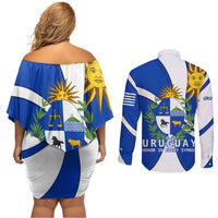 Uruguay Couples Matching Off Shoulder Short Dress and Long Sleeve Button Shirt with National Emblem and Sun Symbol Blue White Wave - Wonder Print Shop