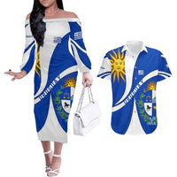 Uruguay Couples Matching Off The Shoulder Long Sleeve Dress and Hawaiian Shirt with National Emblem and Sun Symbol Blue White Wave - Wonder Print Shop
