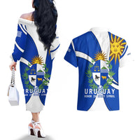 Uruguay Couples Matching Off The Shoulder Long Sleeve Dress and Hawaiian Shirt with National Emblem and Sun Symbol Blue White Wave - Wonder Print Shop
