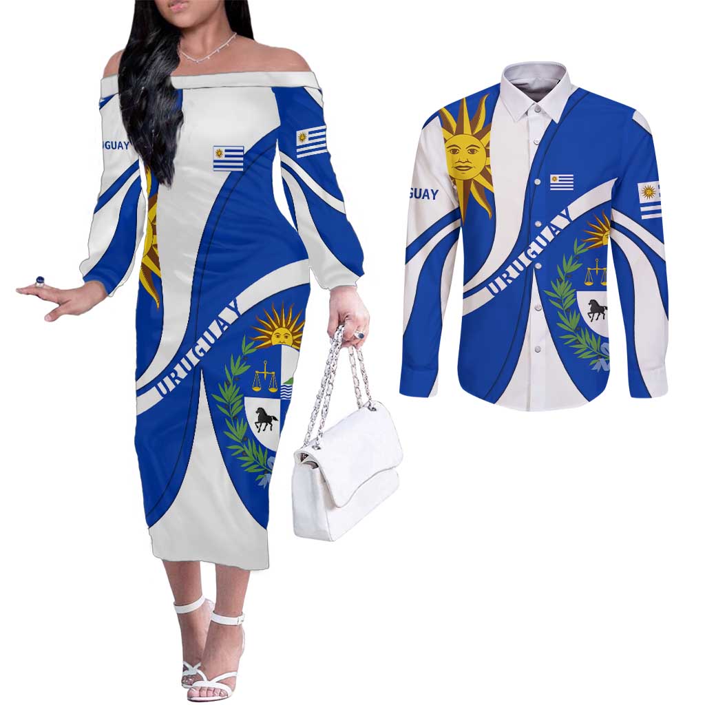 Uruguay Couples Matching Off The Shoulder Long Sleeve Dress and Long Sleeve Button Shirt with National Emblem and Sun Symbol Blue White Wave - Wonder Print Shop
