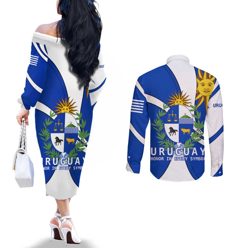 Uruguay Couples Matching Off The Shoulder Long Sleeve Dress and Long Sleeve Button Shirt with National Emblem and Sun Symbol Blue White Wave - Wonder Print Shop