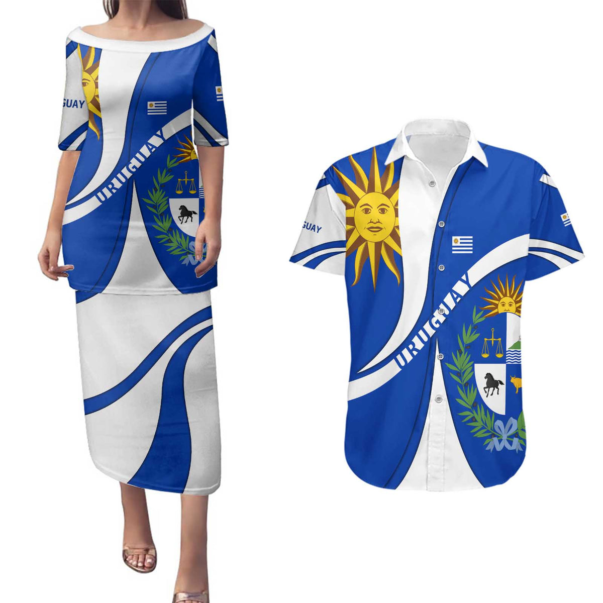 Uruguay Couples Matching Puletasi and Hawaiian Shirt with National Emblem and Sun Symbol Blue White Wave - Wonder Print Shop