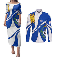 Uruguay Couples Matching Puletasi and Long Sleeve Button Shirt with National Emblem and Sun Symbol Blue White Wave - Wonder Print Shop