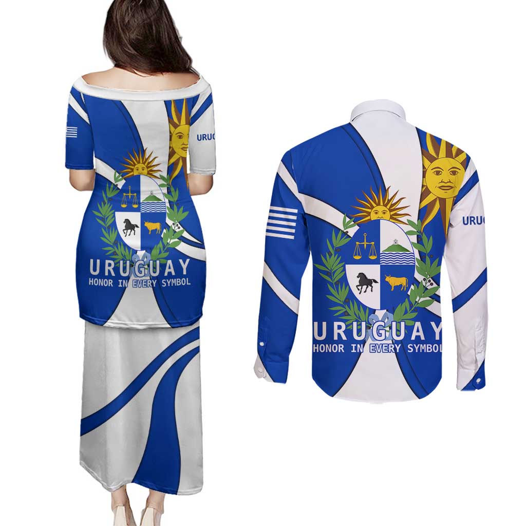 Uruguay Couples Matching Puletasi and Long Sleeve Button Shirt with National Emblem and Sun Symbol Blue White Wave - Wonder Print Shop