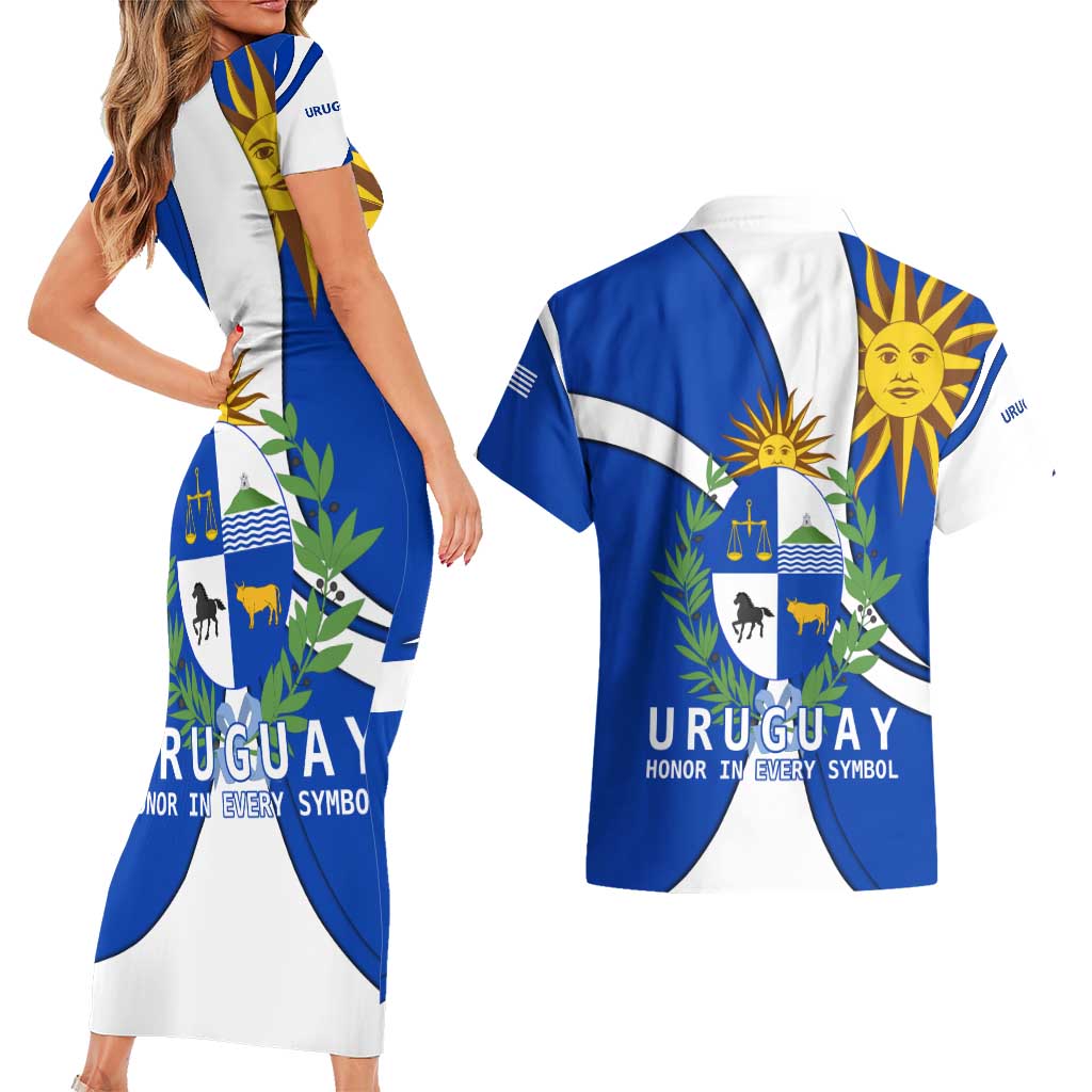 Uruguay Couples Matching Short Sleeve Bodycon Dress and Hawaiian Shirt with National Emblem and Sun Symbol Blue White Wave - Wonder Print Shop