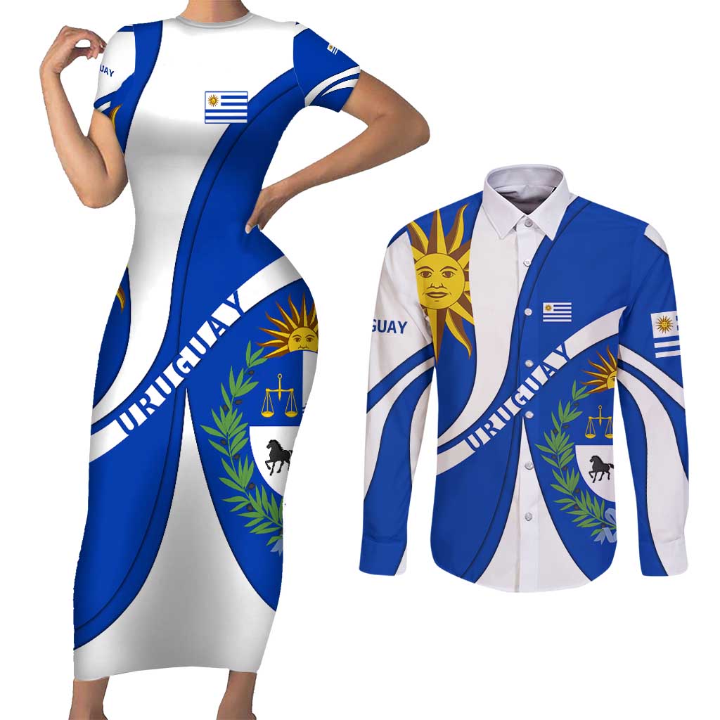 Uruguay Couples Matching Short Sleeve Bodycon Dress and Long Sleeve Button Shirt with National Emblem and Sun Symbol Blue White Wave - Wonder Print Shop