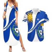 Uruguay Couples Matching Summer Maxi Dress and Hawaiian Shirt with National Emblem and Sun Symbol Blue White Wave - Wonder Print Shop