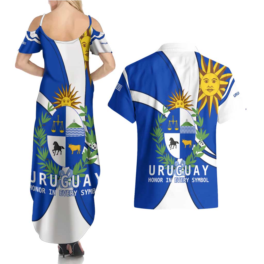 Uruguay Couples Matching Summer Maxi Dress and Hawaiian Shirt with National Emblem and Sun Symbol Blue White Wave - Wonder Print Shop