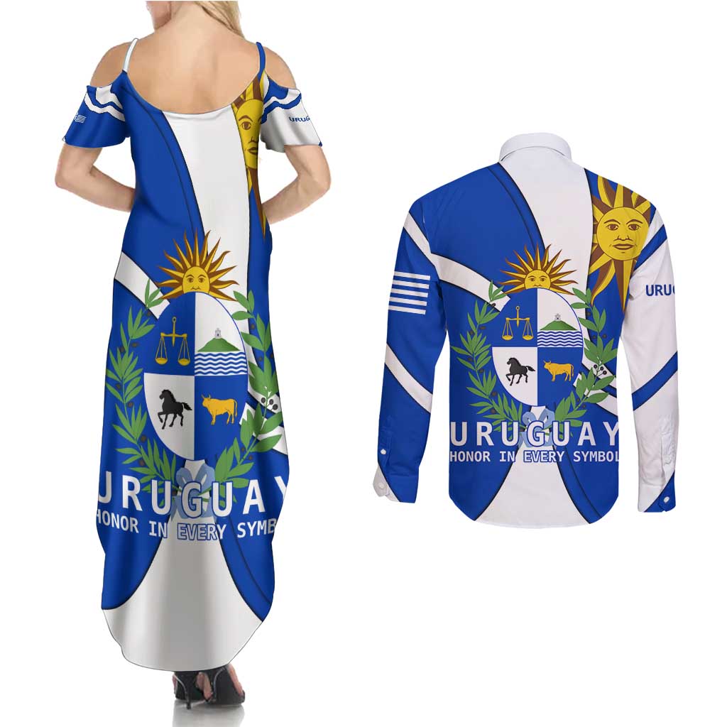Uruguay Couples Matching Summer Maxi Dress and Long Sleeve Button Shirt with National Emblem and Sun Symbol Blue White Wave - Wonder Print Shop