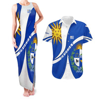 Uruguay Couples Matching Tank Maxi Dress and Hawaiian Shirt with National Emblem and Sun Symbol Blue White Wave - Wonder Print Shop