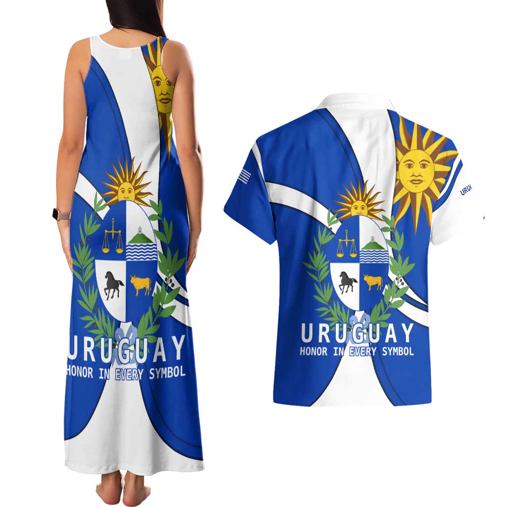 Uruguay Couples Matching Tank Maxi Dress and Hawaiian Shirt with National Emblem and Sun Symbol Blue White Wave - Wonder Print Shop