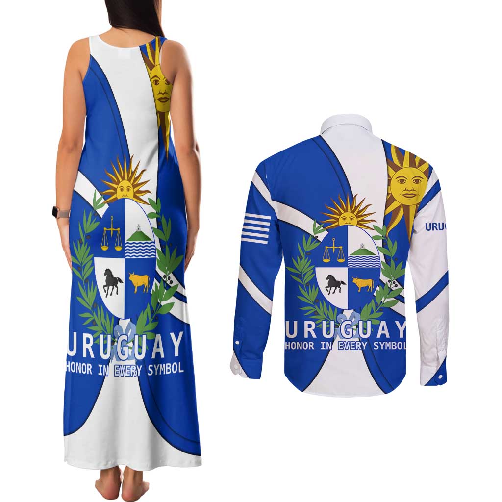 Uruguay Couples Matching Tank Maxi Dress and Long Sleeve Button Shirt with National Emblem and Sun Symbol Blue White Wave - Wonder Print Shop