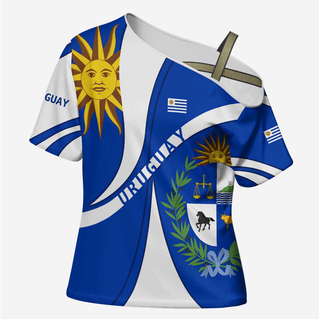 Uruguay Cross Shoulder Shirt with National Emblem and Sun Symbol Blue White Wave - Wonder Print Shop