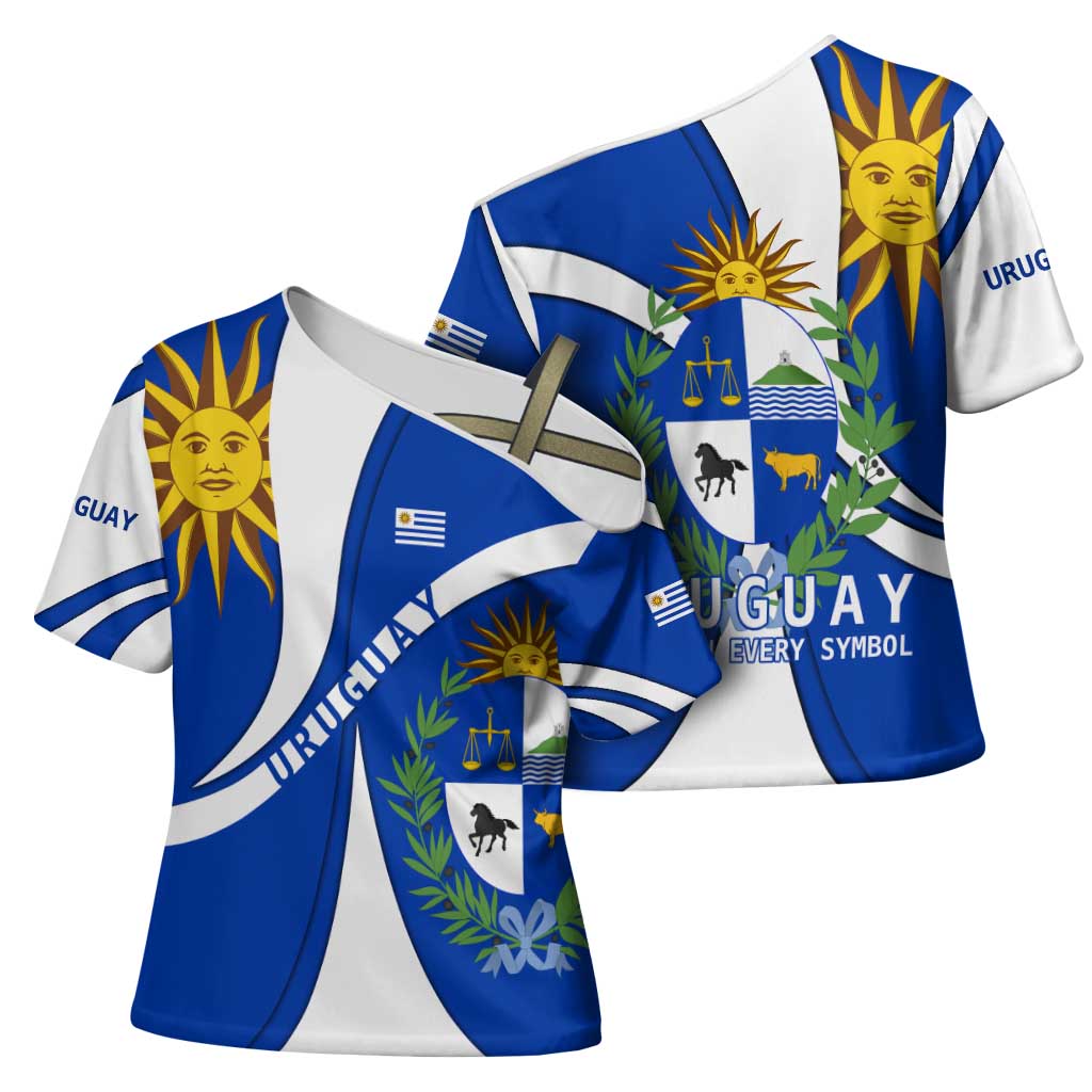 Uruguay Cross Shoulder Shirt with National Emblem and Sun Symbol Blue White Wave - Wonder Print Shop