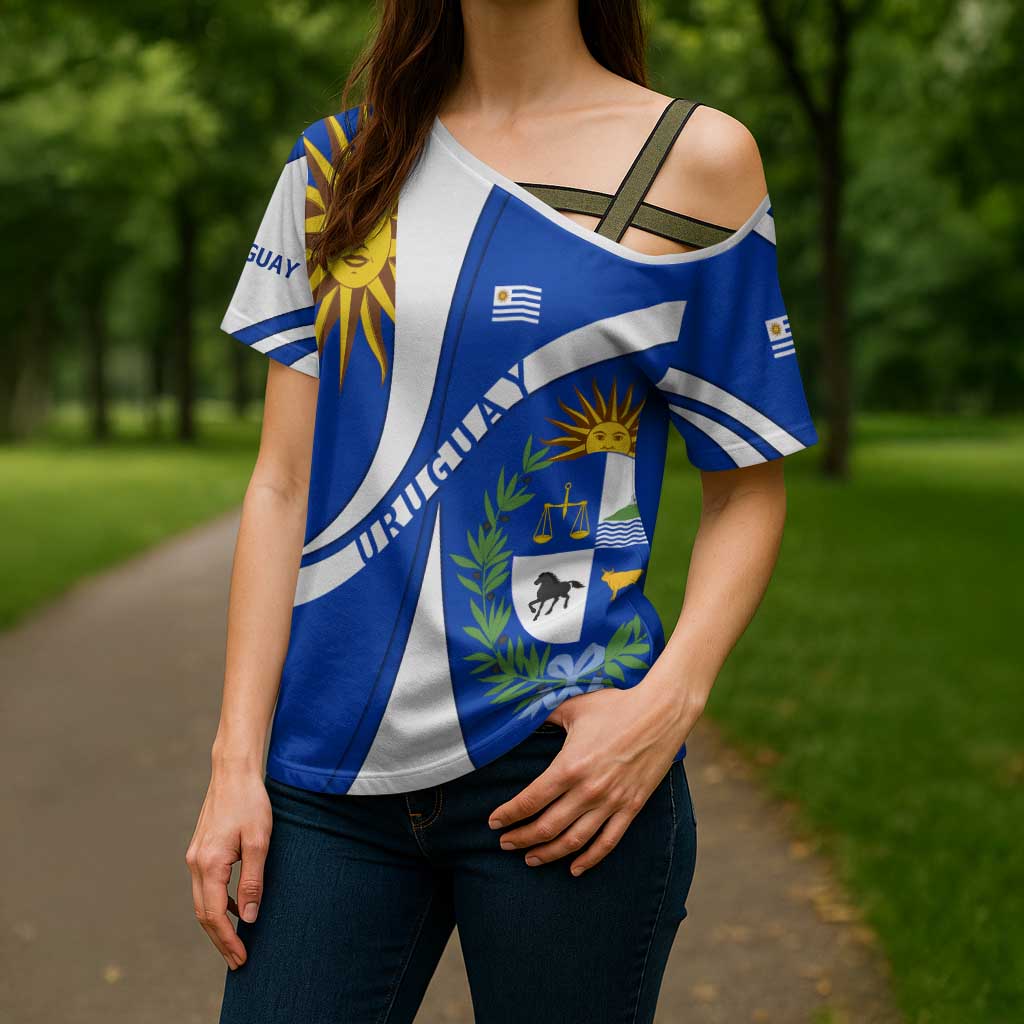 Uruguay Cross Shoulder Shirt with National Emblem and Sun Symbol Blue White Wave - Wonder Print Shop