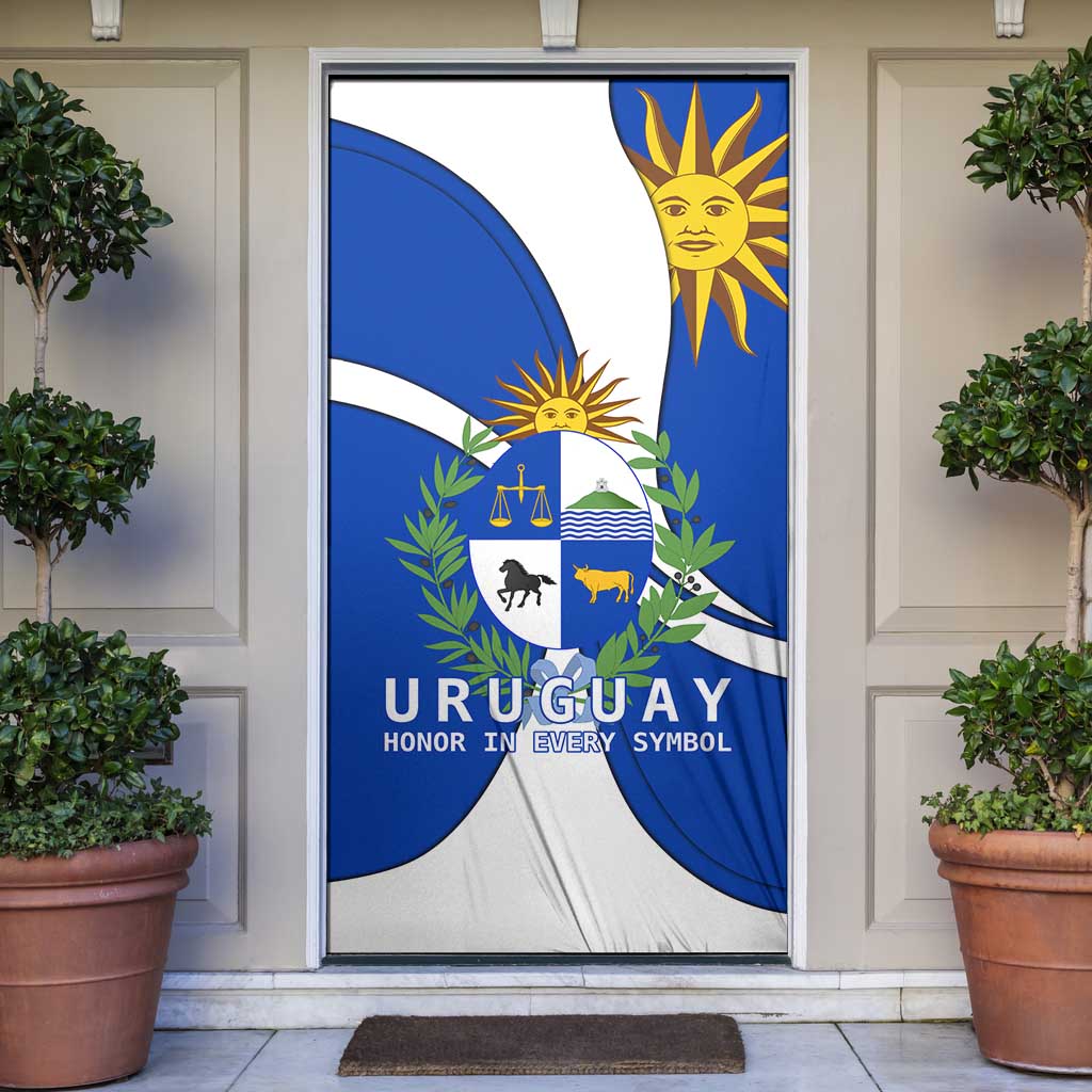 Uruguay Door Cover with National Emblem and Sun Symbol Blue White Wave - Wonder Print Shop