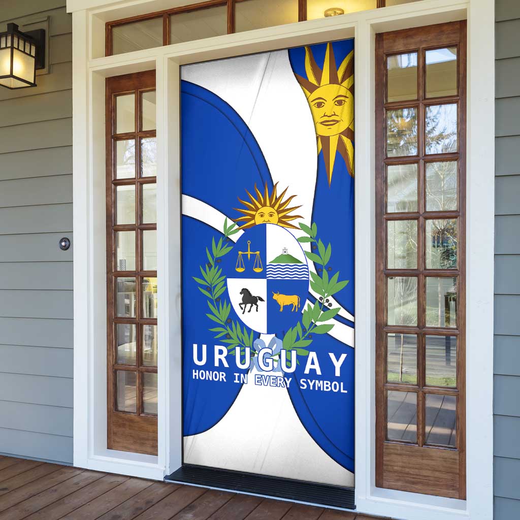 Uruguay Door Cover with National Emblem and Sun Symbol Blue White Wave - Wonder Print Shop