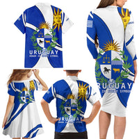 Uruguay Family Matching Long Sleeve Bodycon Dress and Hawaiian Shirt with National Emblem and Sun Symbol Blue White Wave - Wonder Print Shop