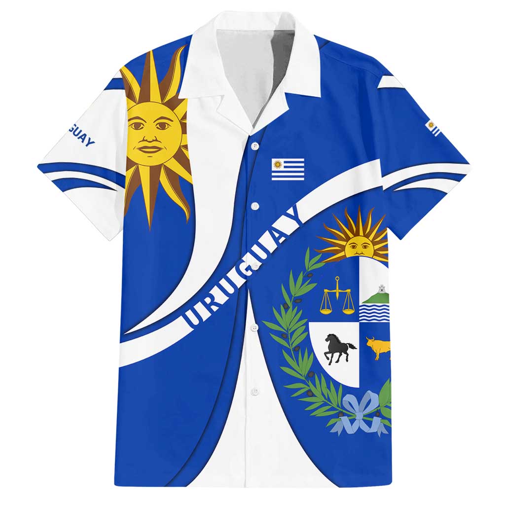 Uruguay Family Matching Long Sleeve Bodycon Dress and Hawaiian Shirt with National Emblem and Sun Symbol Blue White Wave - Wonder Print Shop