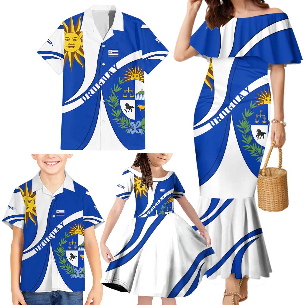Uruguay Family Matching Mermaid Dress and Hawaiian Shirt with National Emblem and Sun Symbol Blue White Wave - Wonder Print Shop