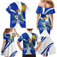 Uruguay Family Matching Mermaid Dress and Hawaiian Shirt with National Emblem and Sun Symbol Blue White Wave - Wonder Print Shop