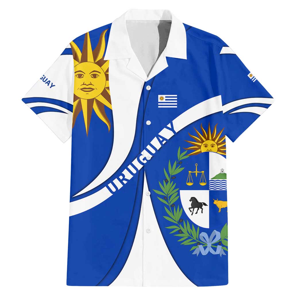 Uruguay Family Matching Mermaid Dress and Hawaiian Shirt with National Emblem and Sun Symbol Blue White Wave - Wonder Print Shop