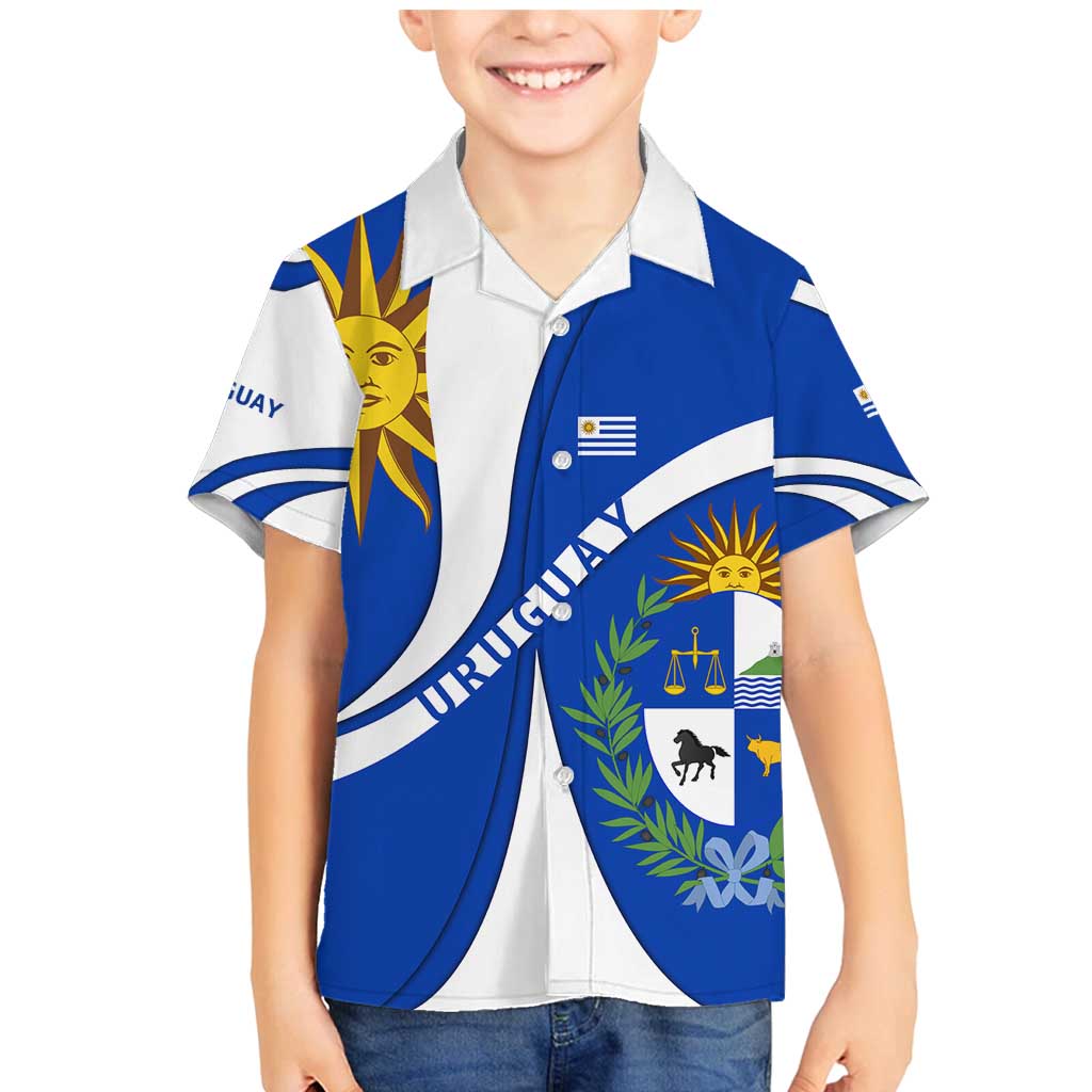 Uruguay Family Matching Mermaid Dress and Hawaiian Shirt with National Emblem and Sun Symbol Blue White Wave - Wonder Print Shop