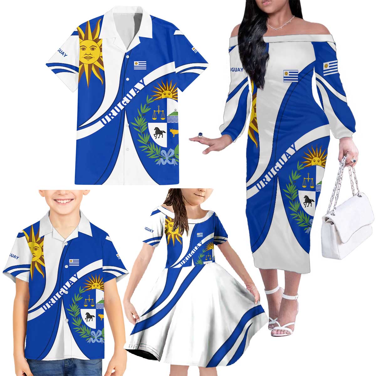 Uruguay Family Matching Off The Shoulder Long Sleeve Dress and Hawaiian Shirt with National Emblem and Sun Symbol Blue White Wave - Wonder Print Shop