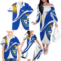 Uruguay Family Matching Off The Shoulder Long Sleeve Dress and Hawaiian Shirt with National Emblem and Sun Symbol Blue White Wave - Wonder Print Shop