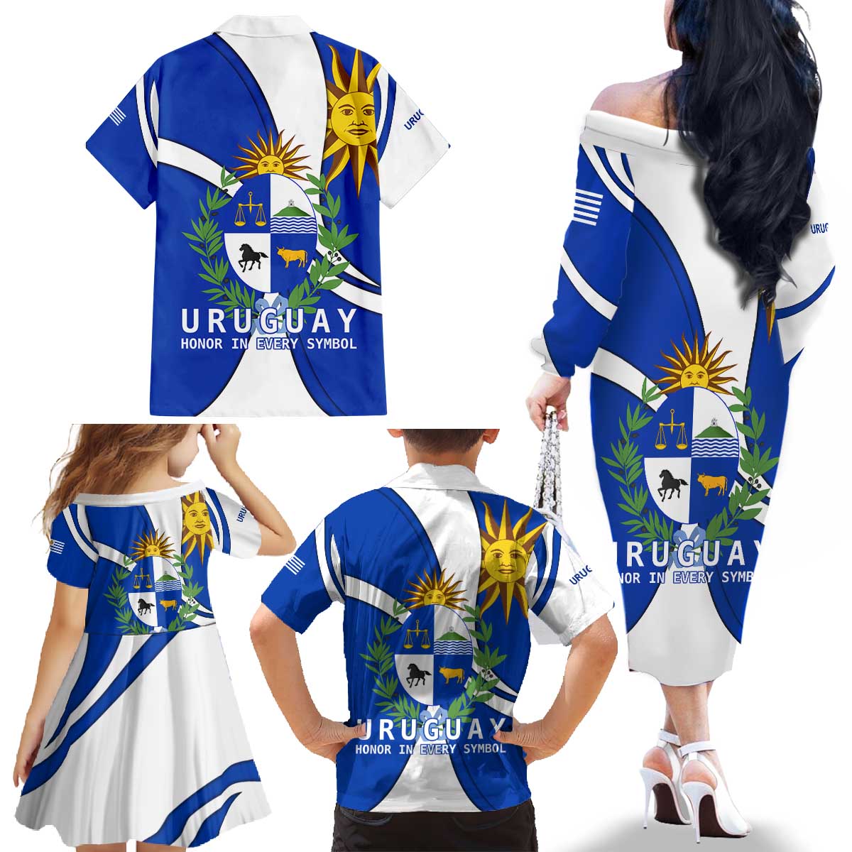 Uruguay Family Matching Off The Shoulder Long Sleeve Dress and Hawaiian Shirt with National Emblem and Sun Symbol Blue White Wave - Wonder Print Shop