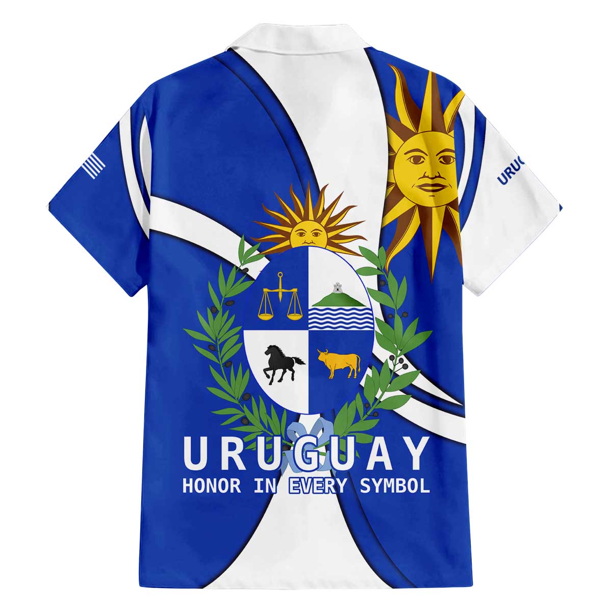 Uruguay Family Matching Off The Shoulder Long Sleeve Dress and Hawaiian Shirt with National Emblem and Sun Symbol Blue White Wave - Wonder Print Shop