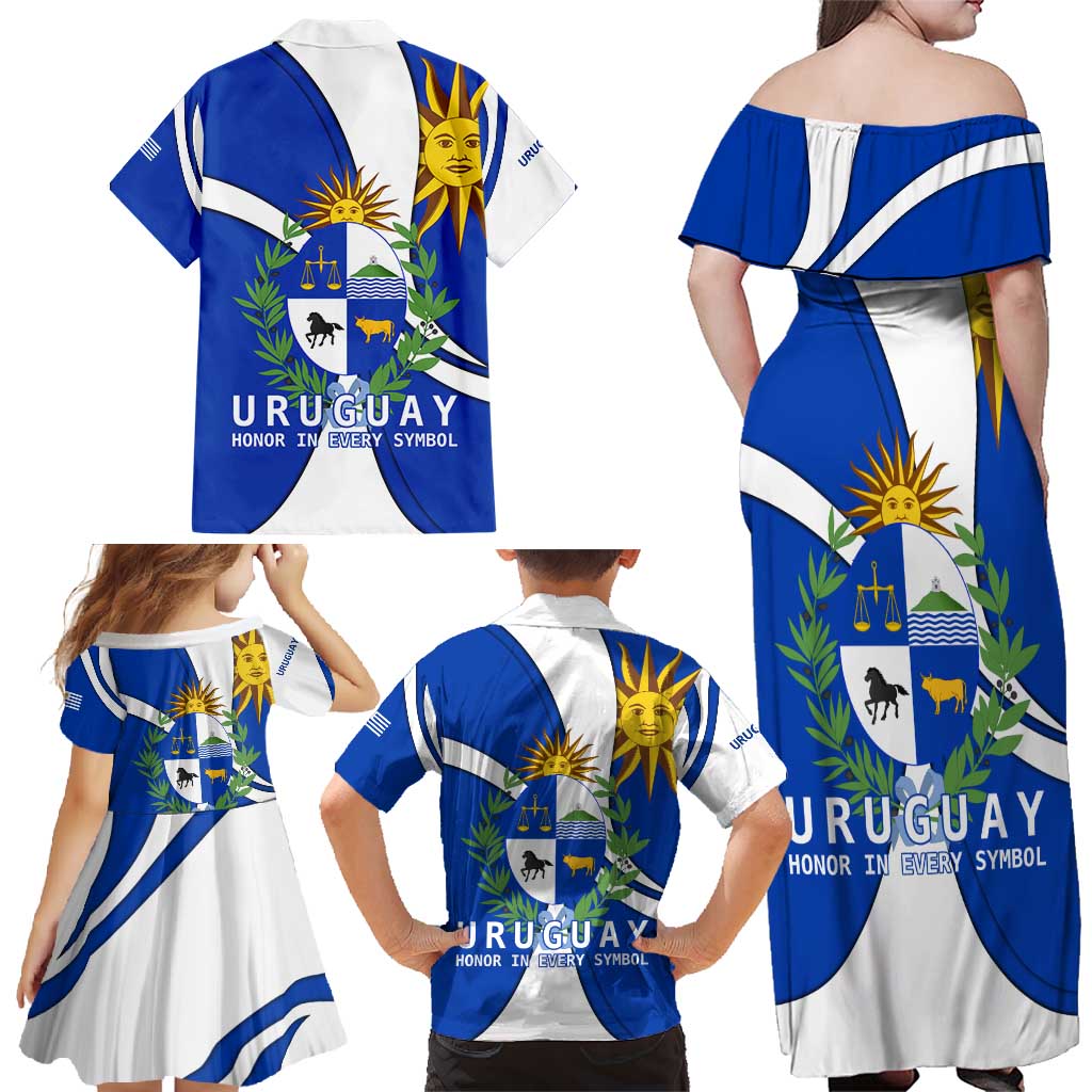 Uruguay Family Matching Off Shoulder Maxi Dress and Hawaiian Shirt with National Emblem and Sun Symbol Blue White Wave - Wonder Print Shop